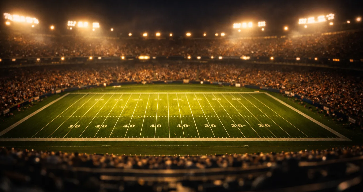 Stadio di football americano illuminato sotto le luci notturne durante una partita NFL