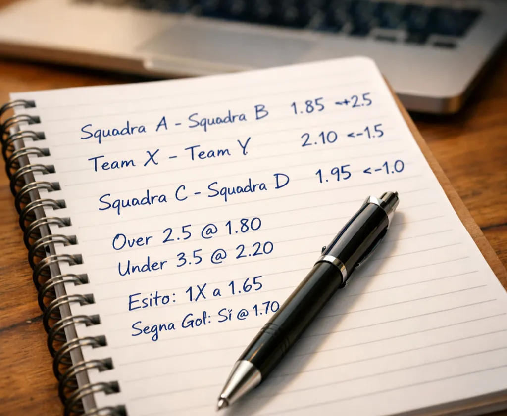 Primo piano di un blocco note con appunti scritti a mano su quote e analisi di una partita NFL