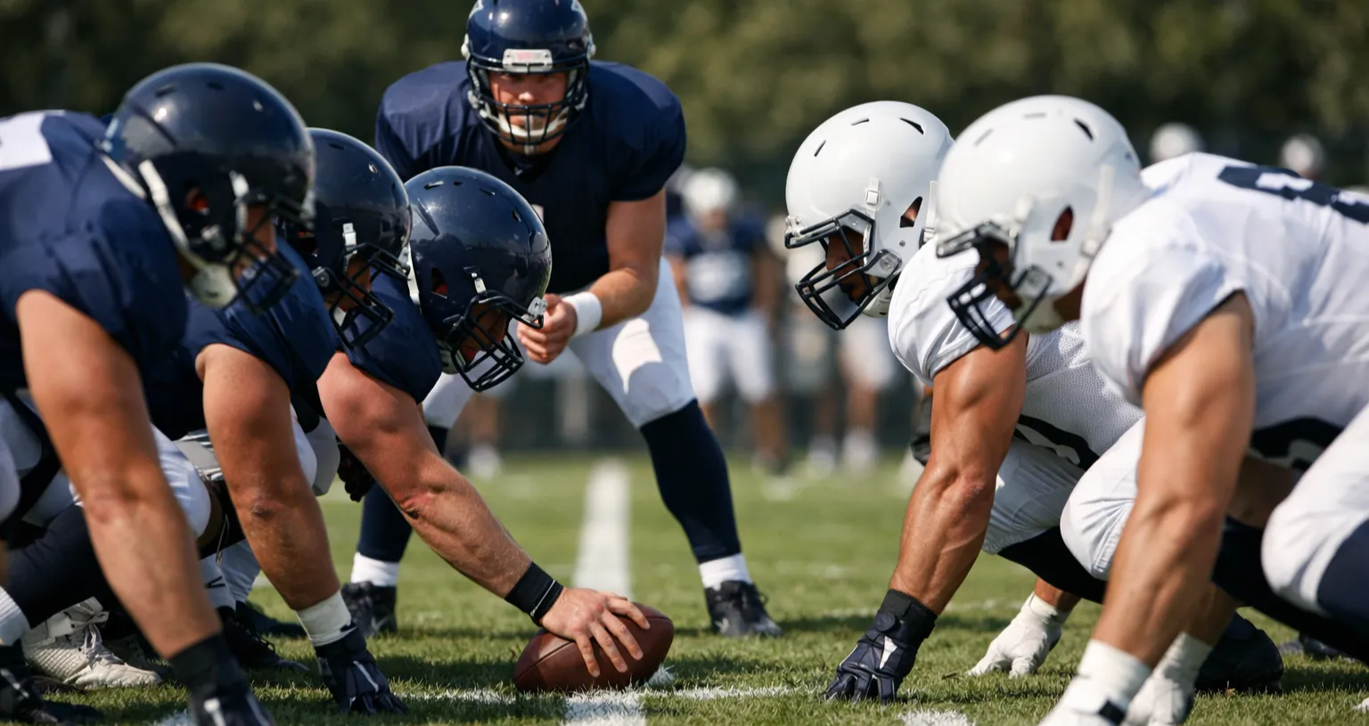 Giocatori di football americano schierati sulla linea di scrimmage su un campo in erba con le yard lines