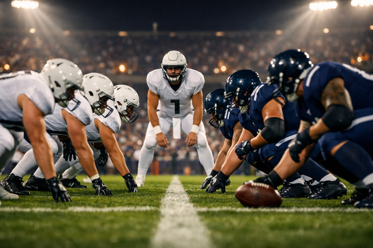Partita di football americano NFL con giocatori in azione su campo verde sotto le luci dello stadio