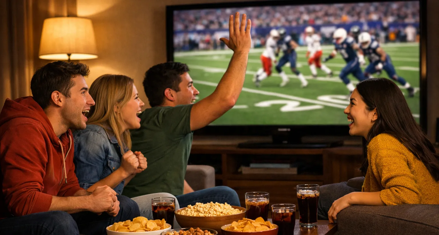 Gruppo di tifosi che guardano una partita di football americano NFL in diretta su un grande schermo