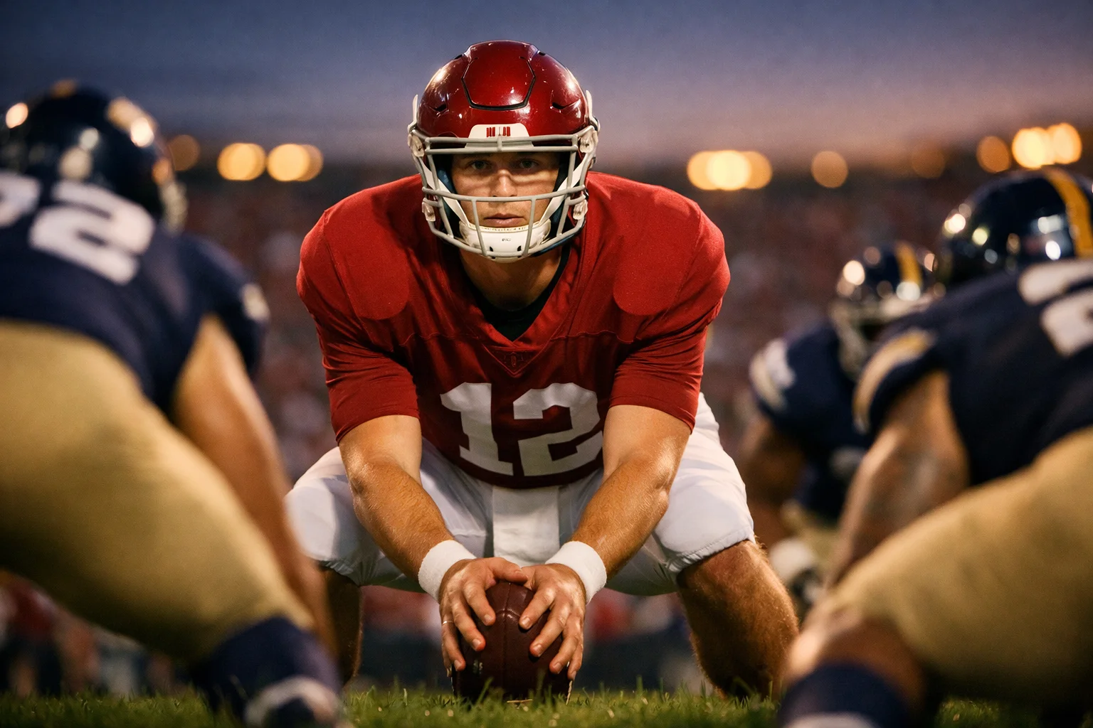 Stadio di football americano universitario illuminato durante una partita serale con tifosi sugli spalti