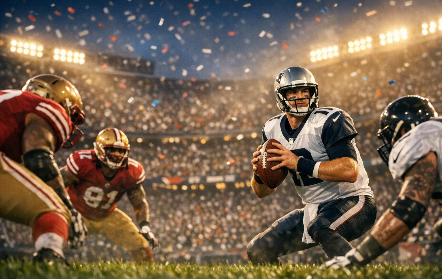 Stadio di football americano gremito durante la finale del Super Bowl con luci serali