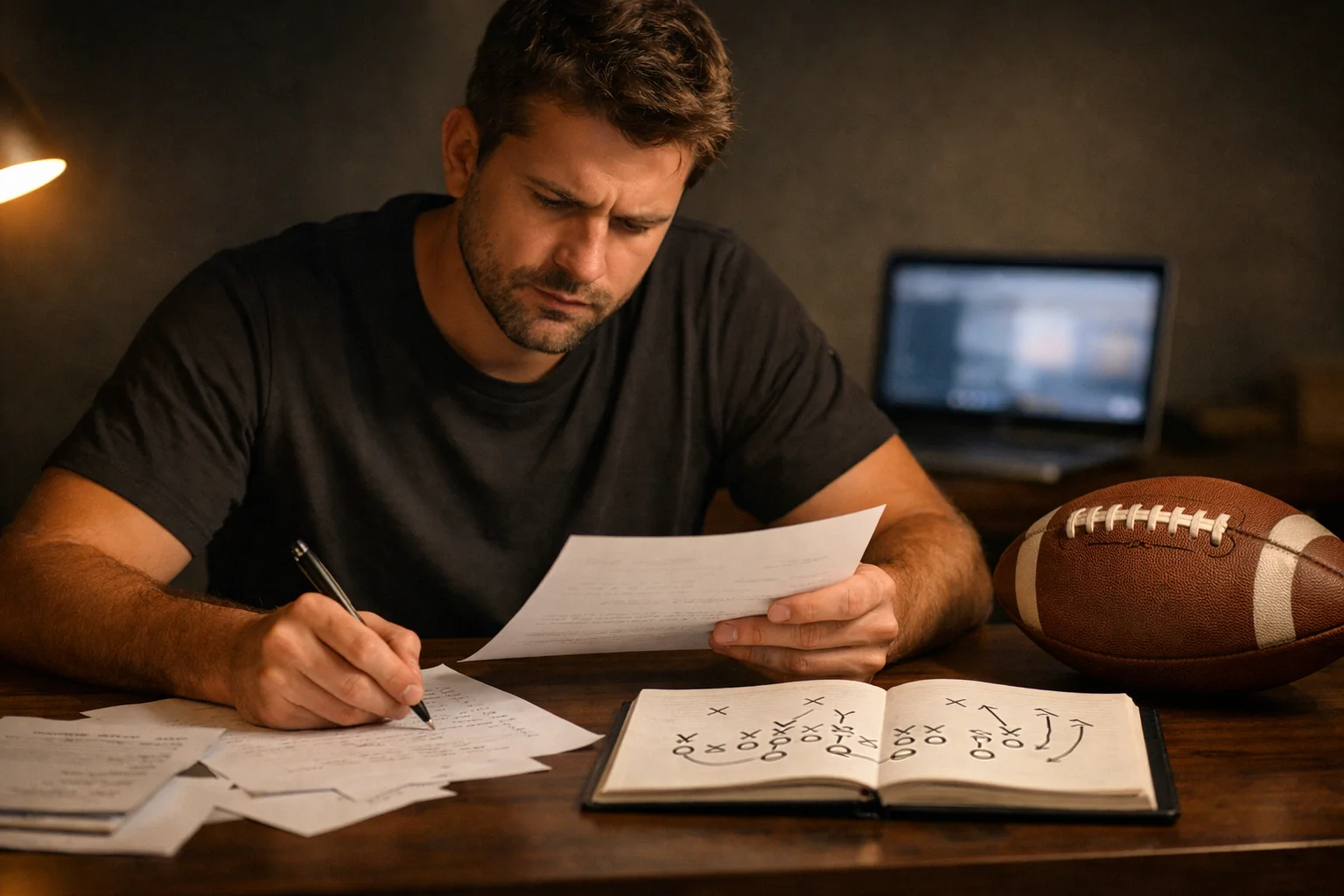 Uomo concentrato analizza statistiche e appunti NFL su una scrivania con fogli e penna