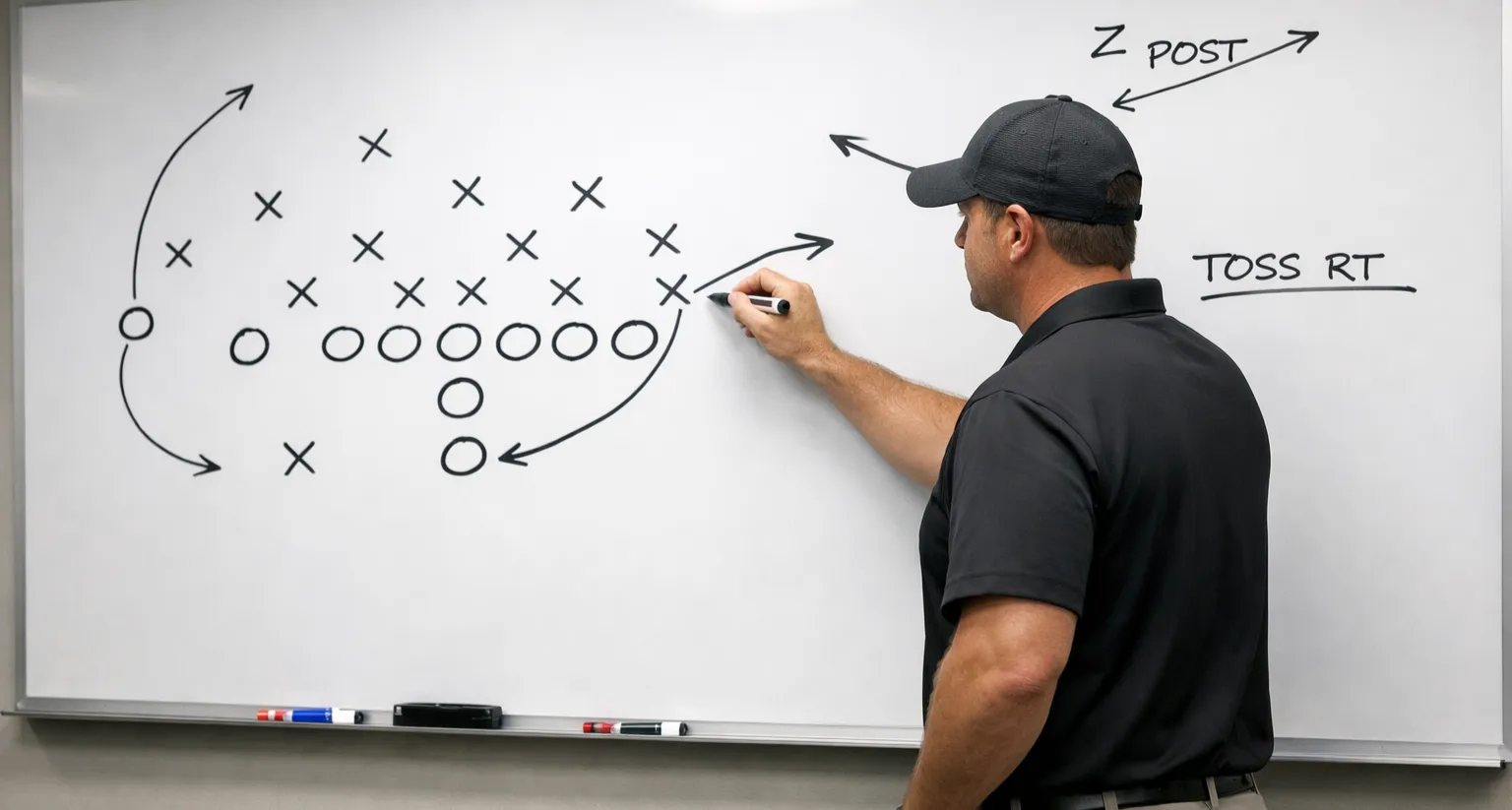 Allenatore di football americano che studia schemi tattici su una lavagna con diagrammi di gioco